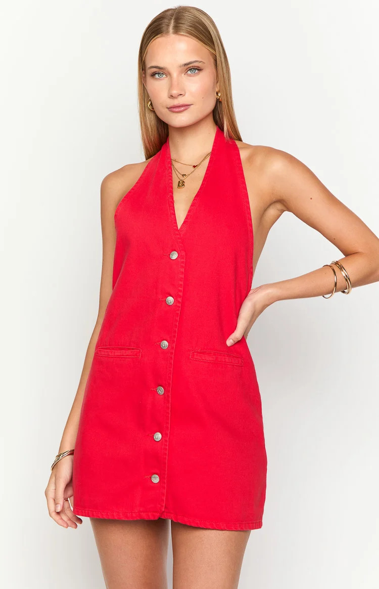 Corbin Red Denim Halter Neck Mini Dress | Beginning Boutique (AU)