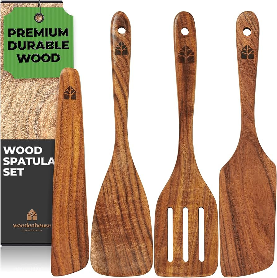 Wooden Spatula for Cooking, Kitchen Set of 4, Natural Teak Wooden Utensils including Paddle, Turn... | Amazon (US)