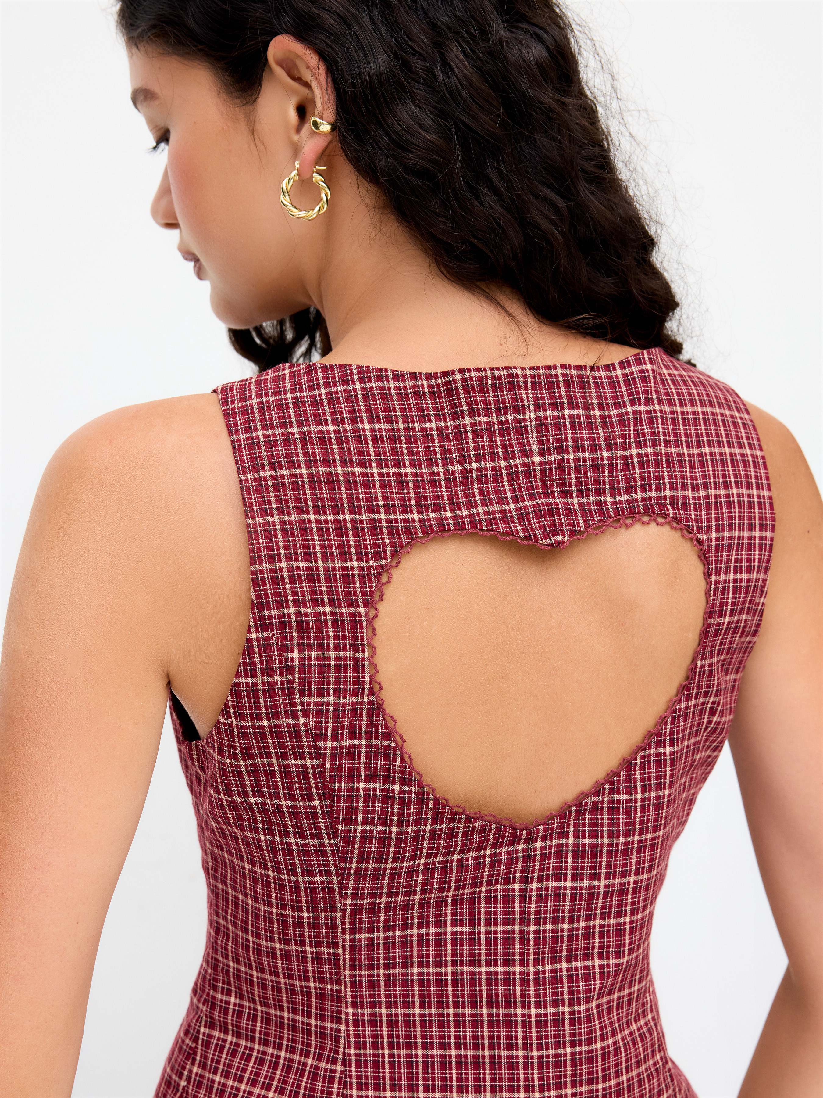 Knit Fabric Cotton Boat Neck Plaid Backless Cut Out Tank Top For Daily Casual | Cider