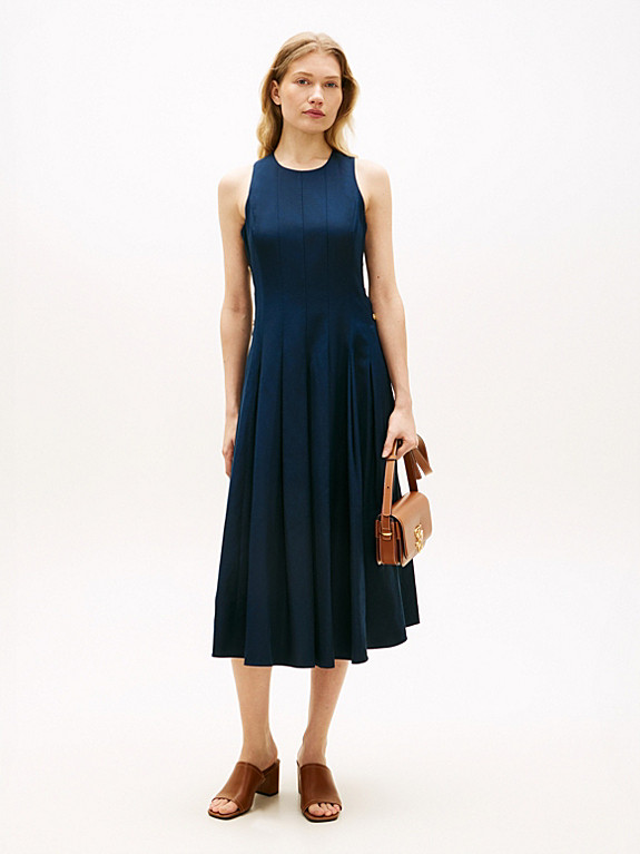 Gold-Tone Button Linen Blend Midi Dress | Blue | Tommy Hilfiger | Tommy Hilfiger UK