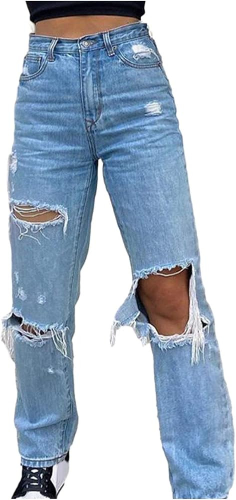MASZONE Y2K Fashion Jeans for Women Button High Waist Pocket Elastic Hole Jeans Trousers Loose De... | Amazon (US)