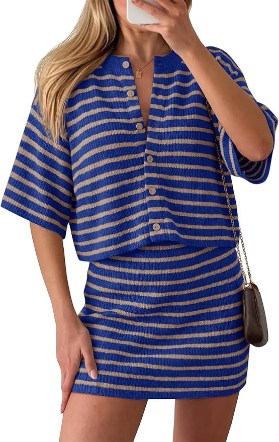Saodimallsu Womens Two Piece Skirt Set Summer Striped Knit Short Sleeve Button Cardigans And Mini... | Amazon (US)