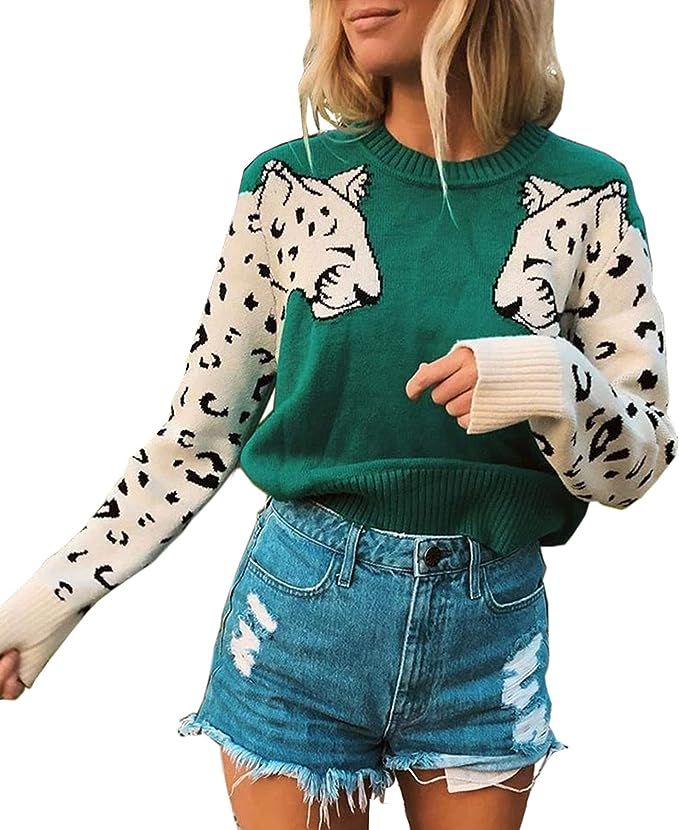 Angashion Women's Sweaters Casual Leopard Printed Patchwork Long Sleeves Knitted Pullover Cropped... | Amazon (US)