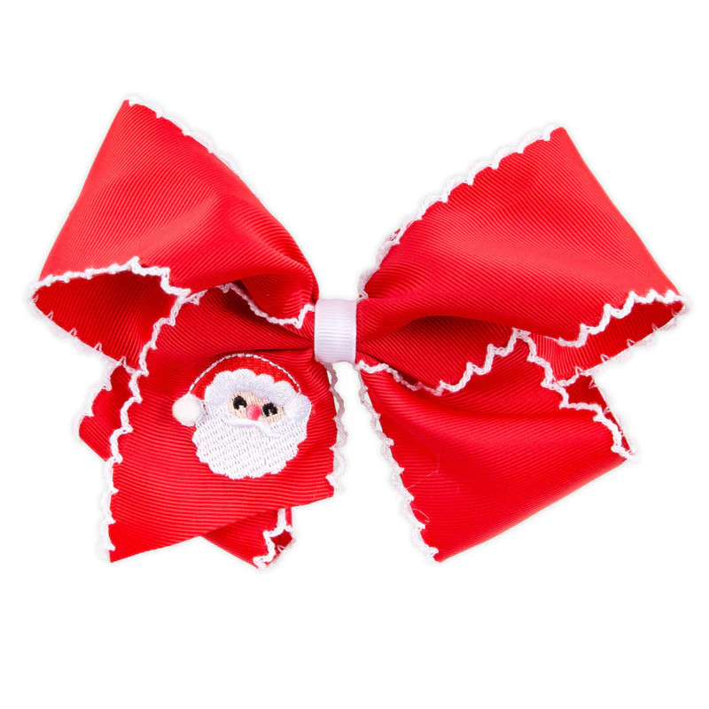 Happy Santa Embroidered Red Moonstitch Hair Bow | Classic Whimsy