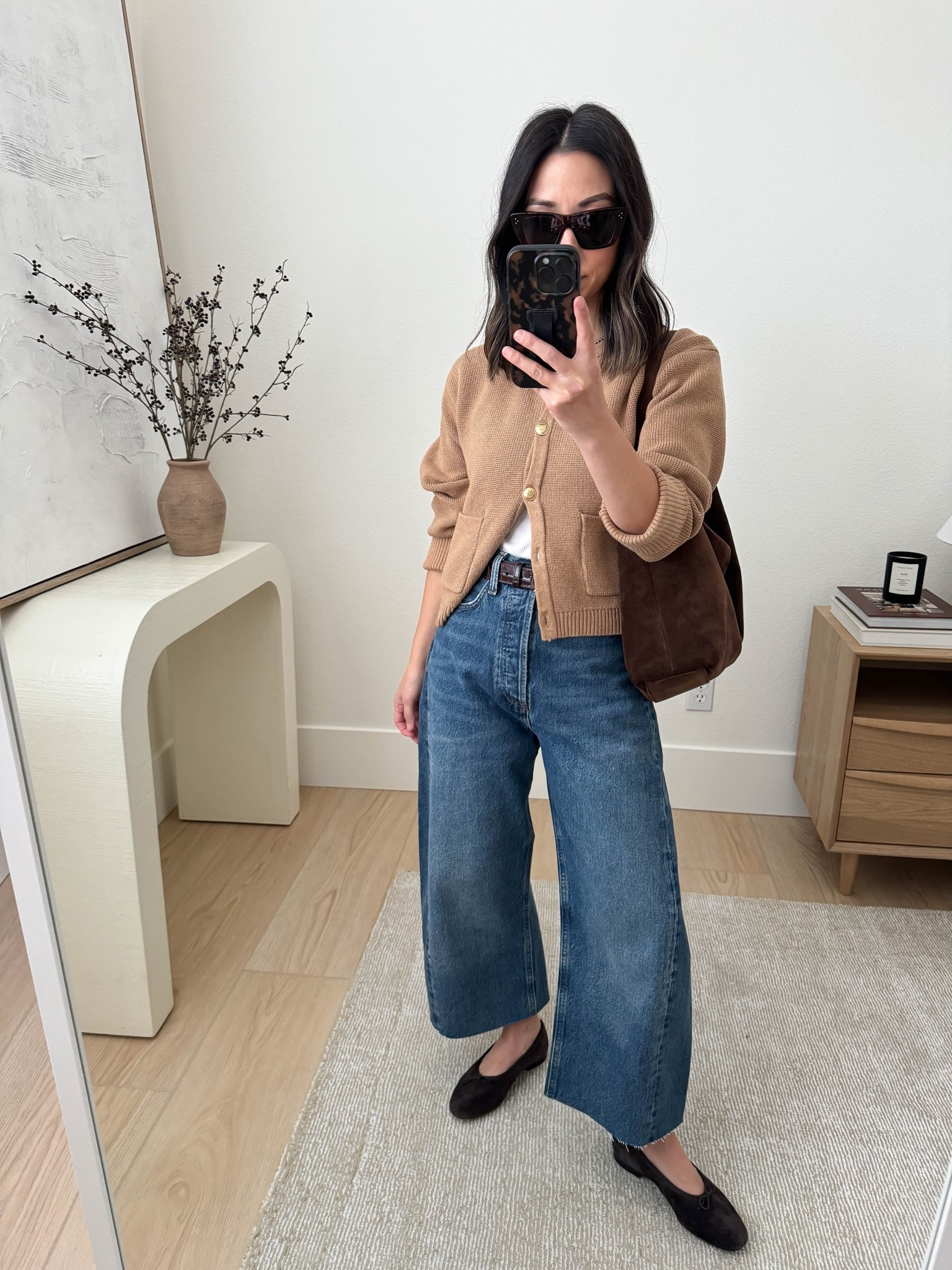 casual work outfit idea with jeans. 

J.Crew lady cardigan small (old)
J.Crew belt
AGOLDE barrel jeans 25, cut hems
Madewell flats 5
Liffner Hobo Pillow bag
Celine sunglasses 

Fall outfits, fall style, petite style, jeans

#LTKPetite #LTKOver40 #LTKWorkwear