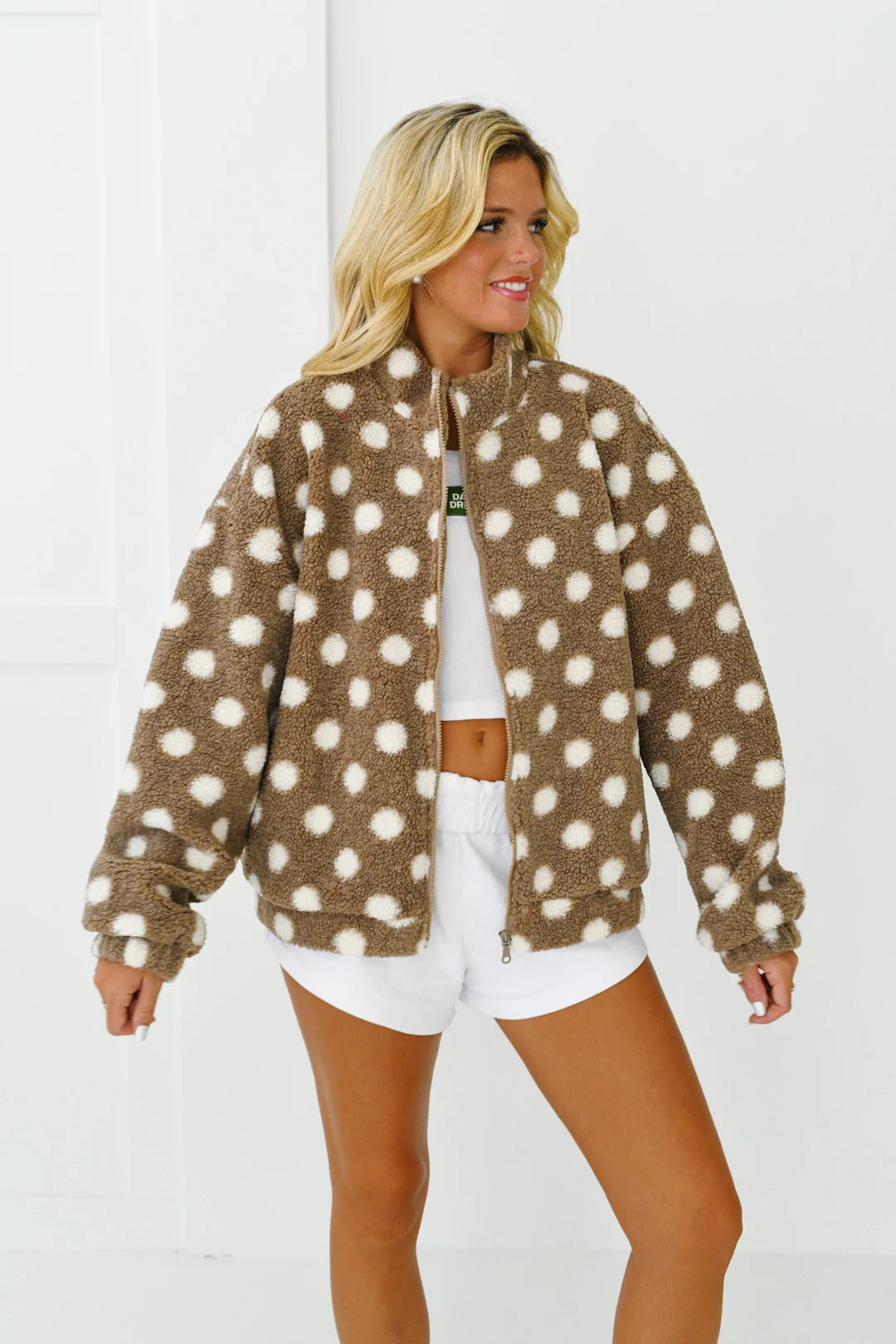 Stacie Polka Dot Teddy Bear Jacket-Taupe | Fancyd Boutiqe