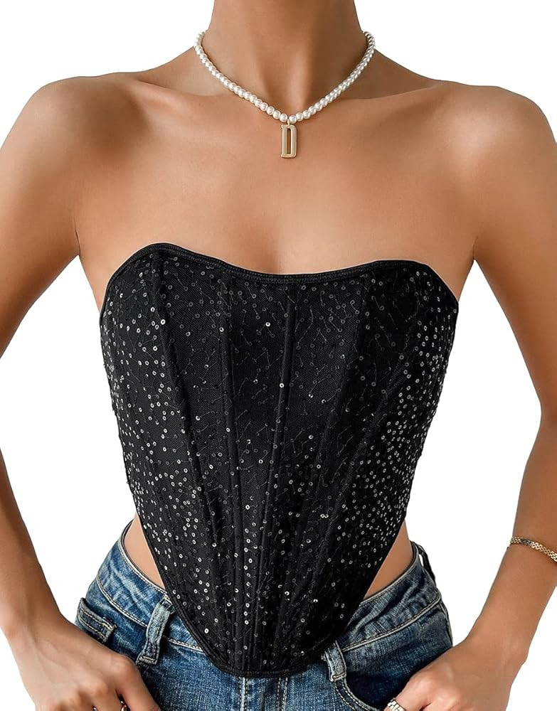 WUFCIYBO Sequin Corset Top Strapless Open Back Boned Bustier for Women Party Trendy Clubwear Crop... | Amazon (US)