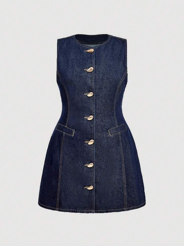 SHEIN MOD MOD Plus Size Women's Summer Single-Breasted Round Neck Sleeveless Casual Denim Dress | SHEIN