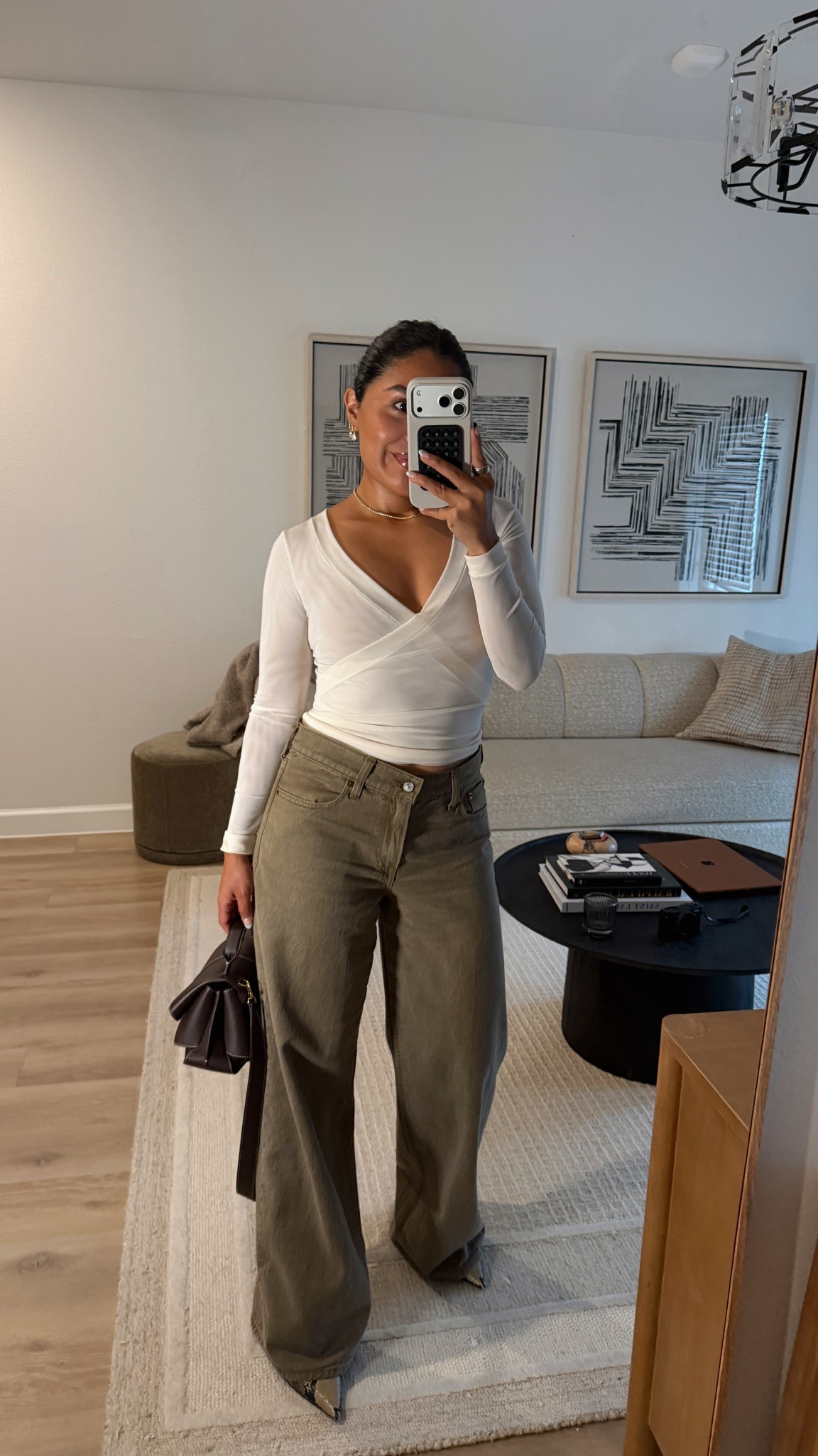 Olive denim strike again. 27 + small mesh top 🤍