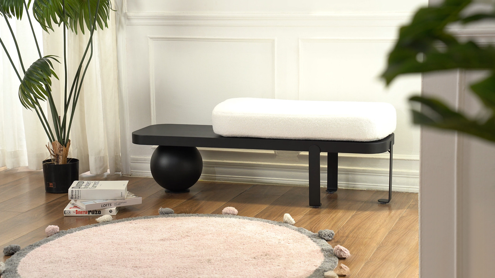 White & Black Wooden Entryway Bench Fleece Upholstered with Abstract Metal Legs | Homary