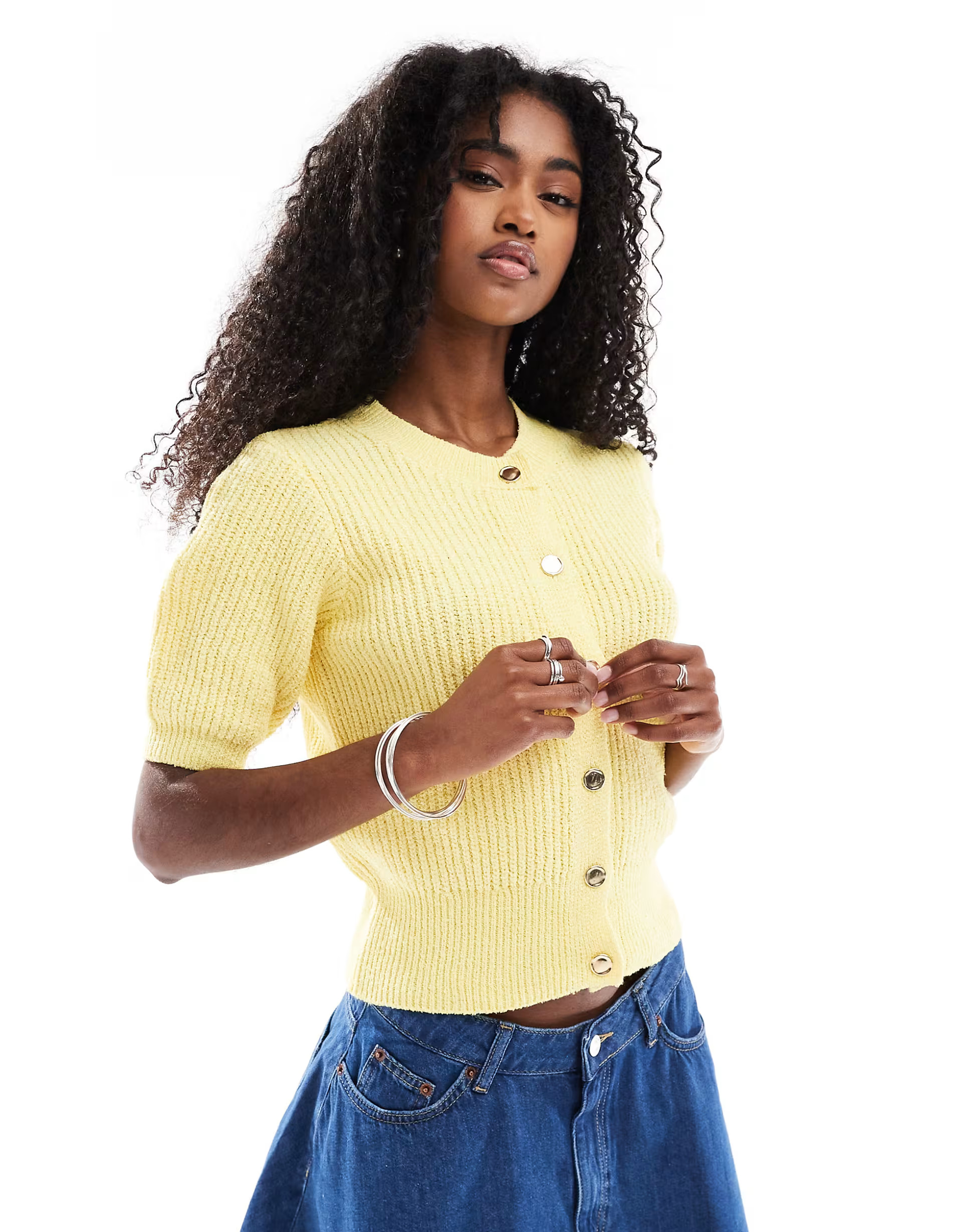 ASOS DESIGN textured short sleeve cardigan with gold buttons in buttermilk | ASOS | ASOS (Global)