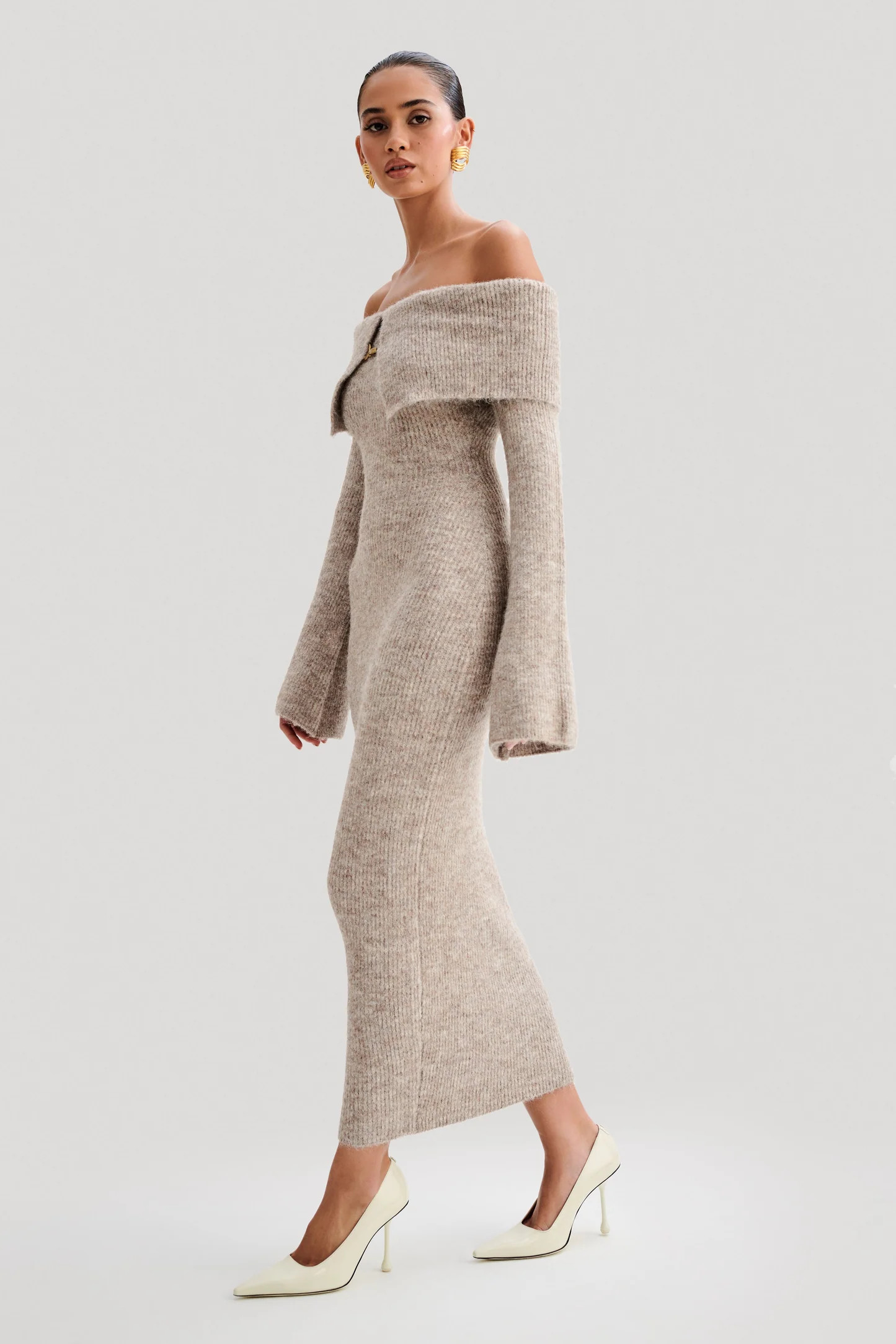 Off Shoulder Fluffy Knit Midi Dress - Taupe Marle | MESHKI US