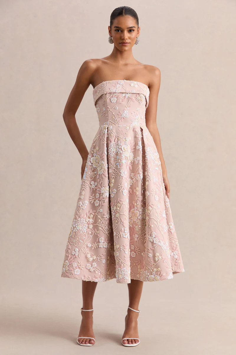 Amaris  Pink Embellished Floral Bandeau Skater Midi Dress | Club L London