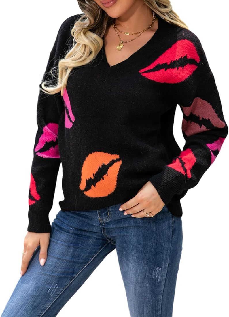 Women Cute Heart Print Sweaters Sexy Lips Graphic Long Sleeve Crewneck Knitted Pullover Fall Wint... | Amazon (US)