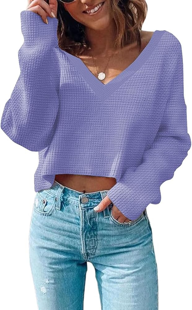 Poetsky Womens V Neck Waffle Knit Cropped Top Long Sleeve Pullover Sweater Casual Crop Shirts | Amazon (US)