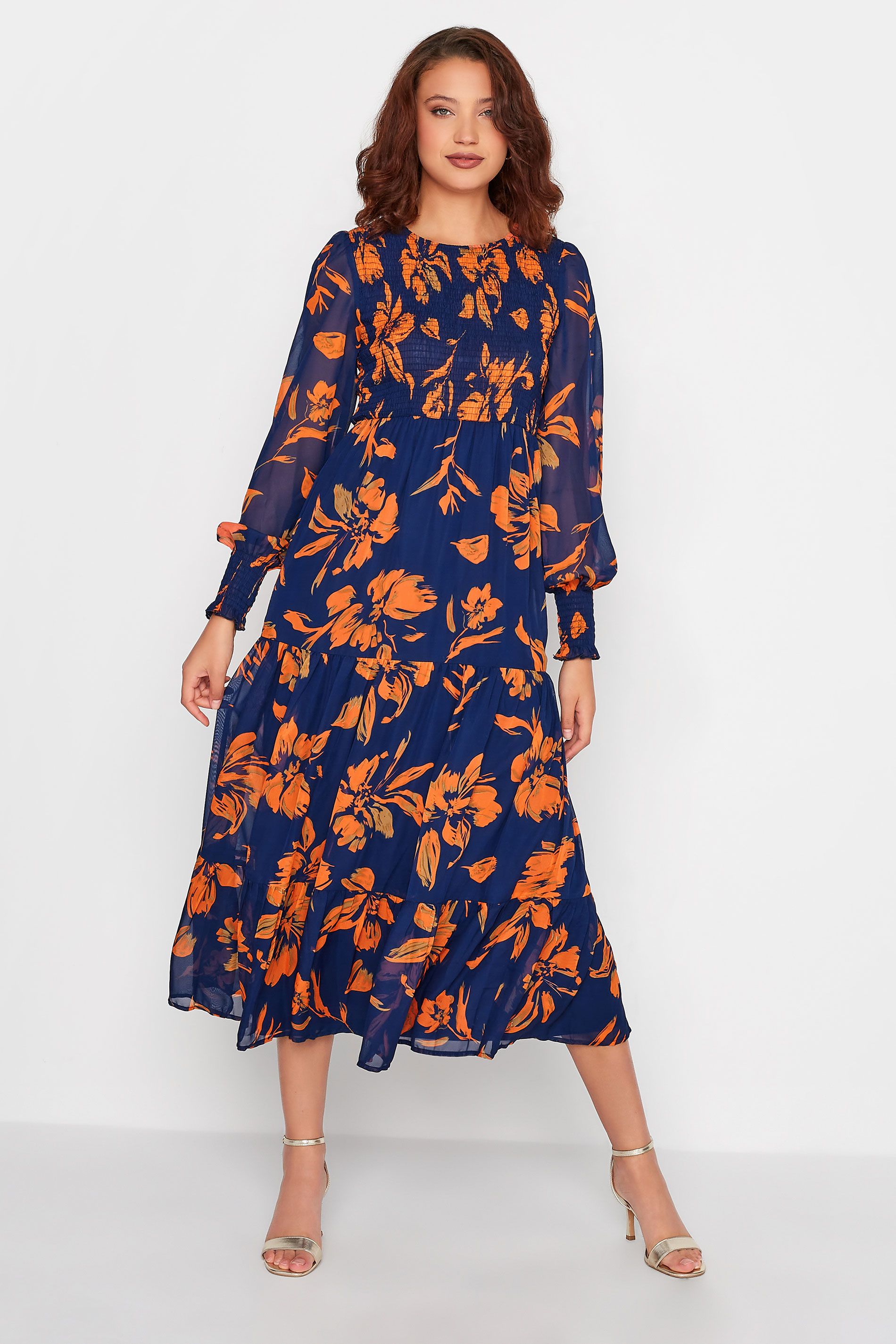 LTS Tall Orange & Navy Blue Floral Long Sleeve Midi Dress | Long Tall Sally