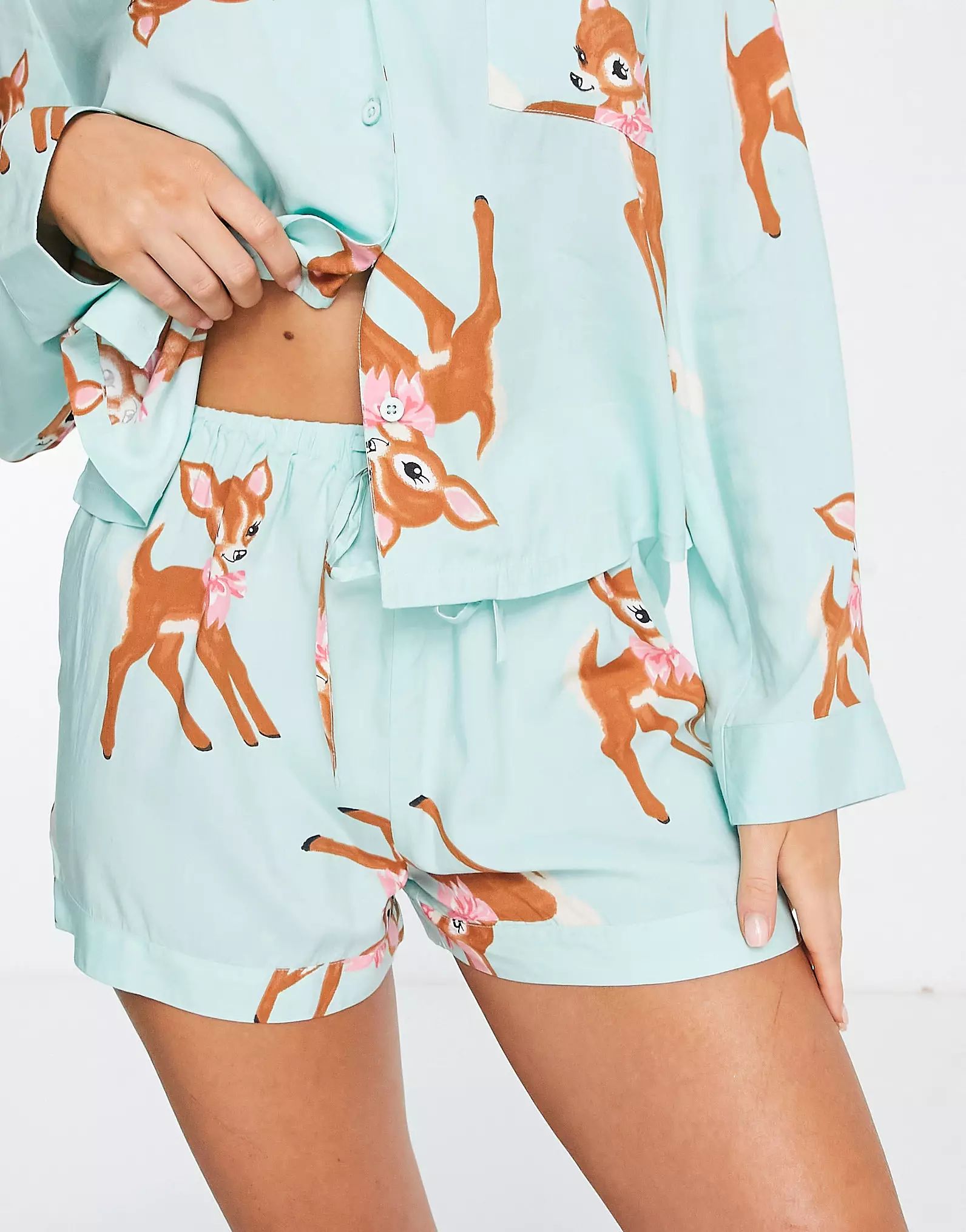 ASOS DESIGN modal deer shirt & shorts pajama set in mint | ASOS (Global)