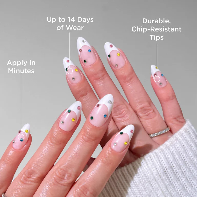 PaintLab Medium Almond Press On False Nails 3D, Bejeweled, White French Tip, 30 Count | Walmart (US)