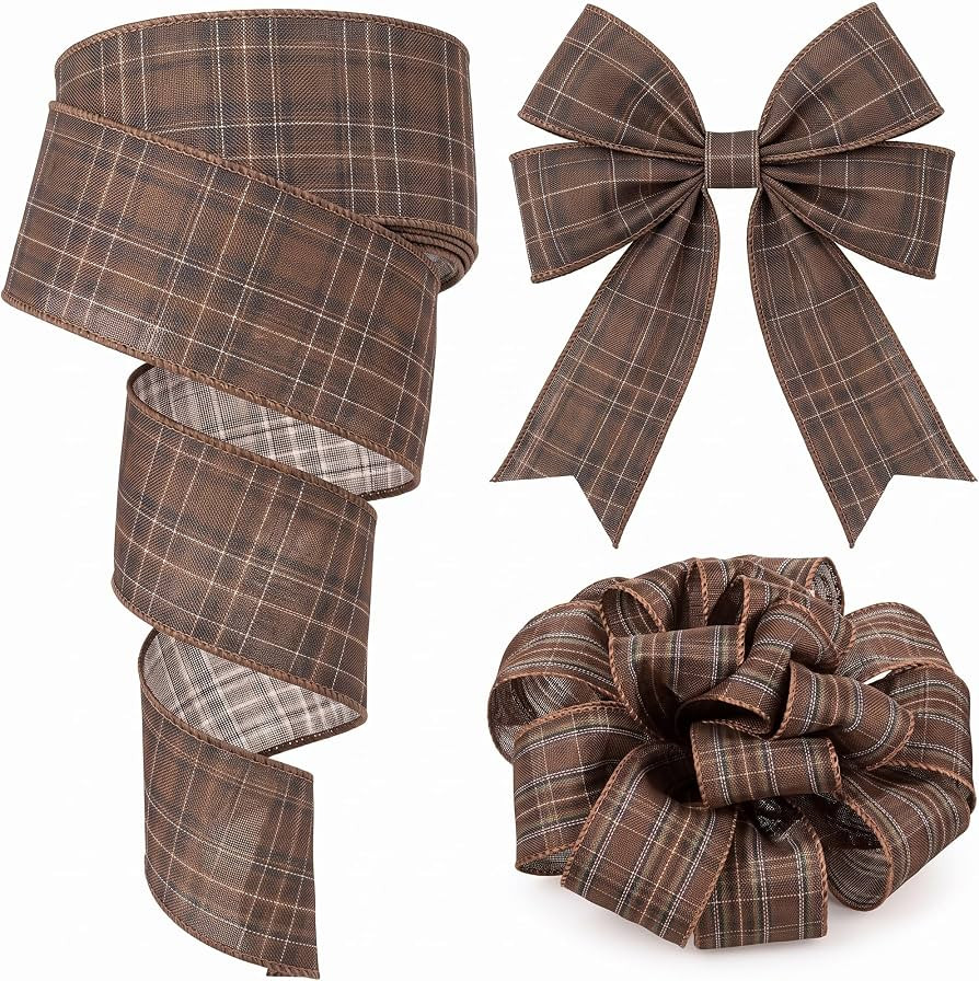 Fanfanwin Fall Tartan Plaid Ribbon, Brown Gingham Wired Ribbon, 2.5'' x 13Y | Amazon (US)