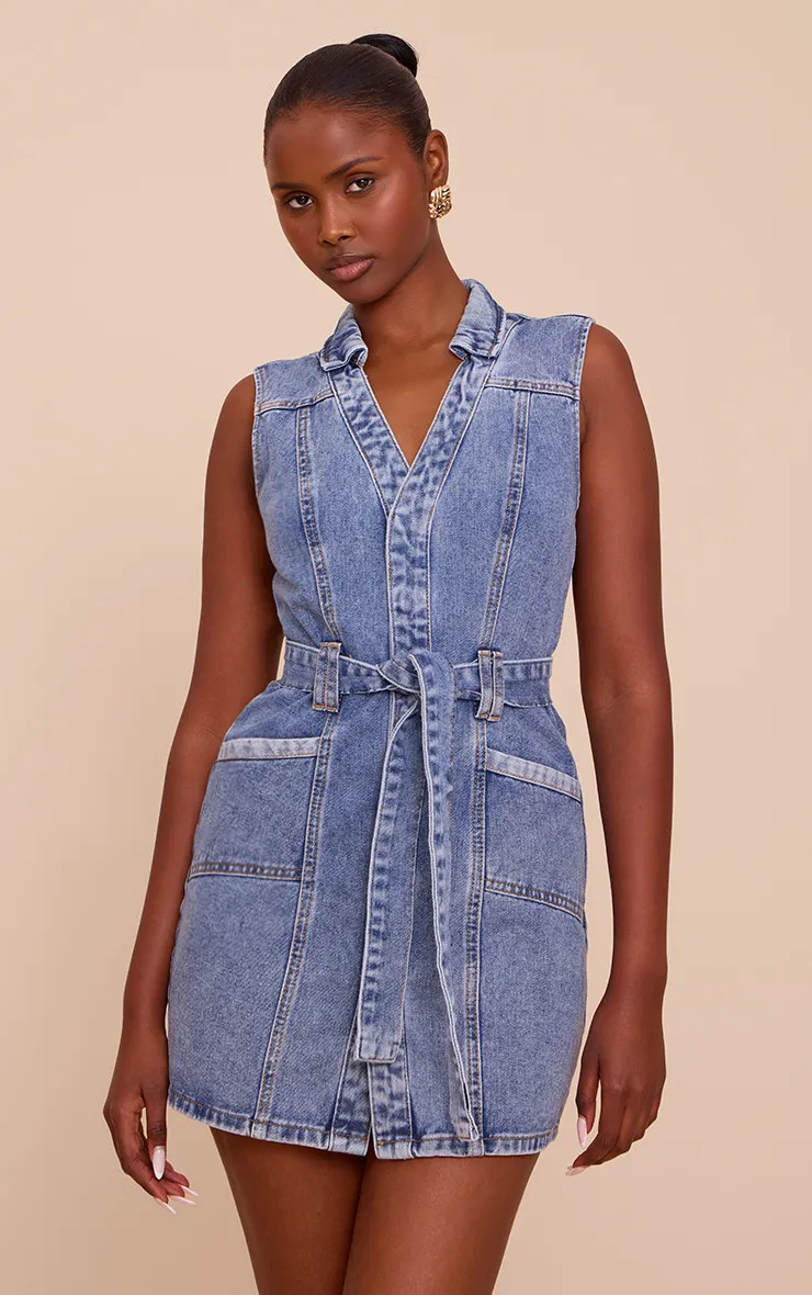 Light Blue Tie Waist Utility Style Denim Dress | PrettyLittleThing UK