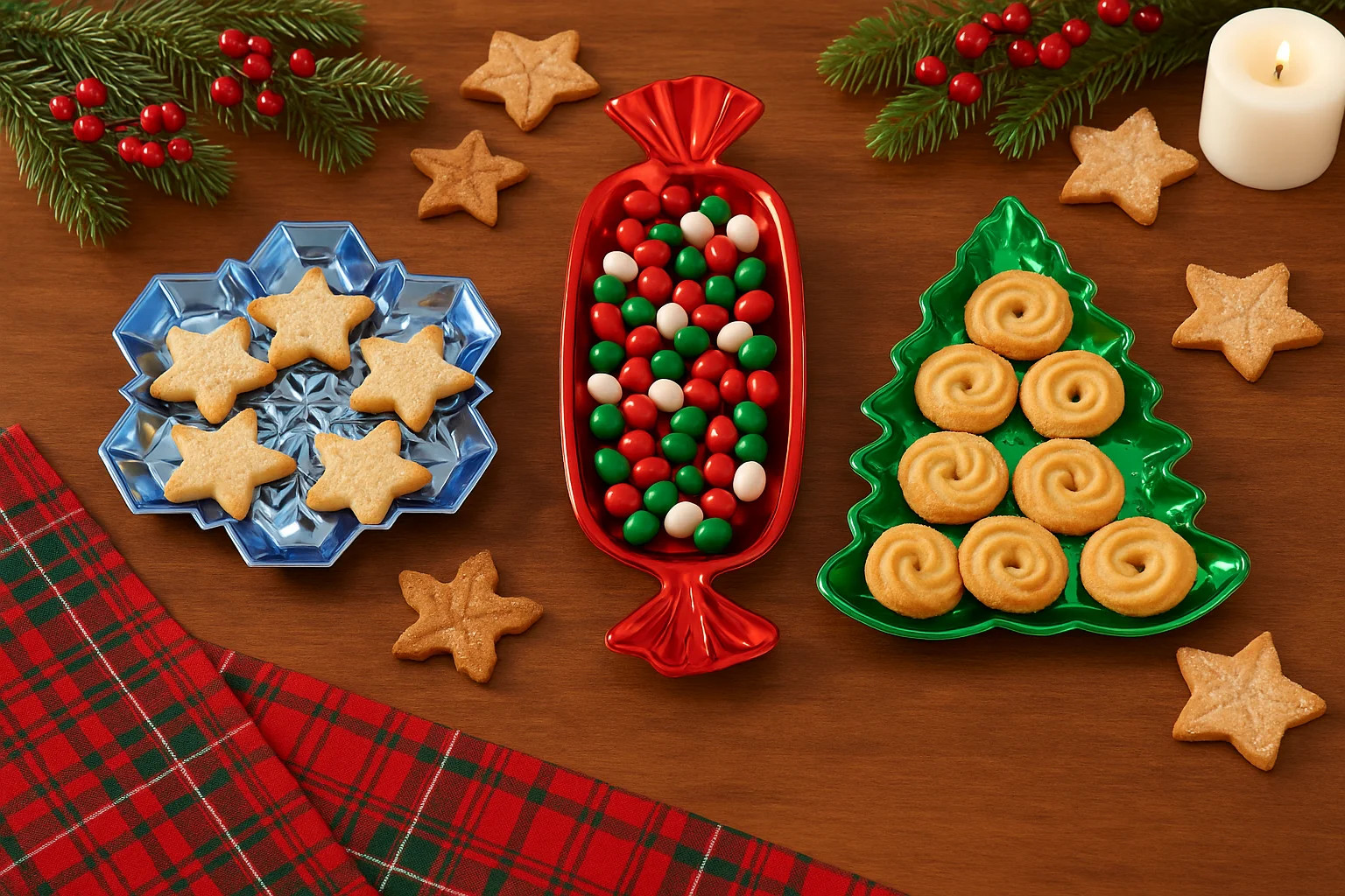 Serving Trays Two-Tone Holiday Shaped Metallic Plastic Snowflake Candy Christmas Tree 3-Piece Set | Walmart (US)