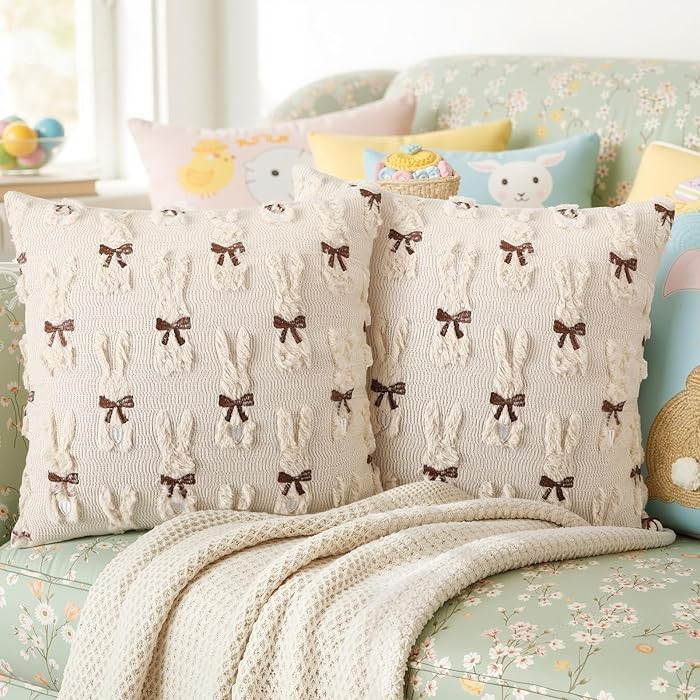 2 Pack Easter Bunny Pillow Covers 18 x 18 Inch Polka Dot Rabbit Embroidery Pillow Cover Beige Plu... | Amazon (US)