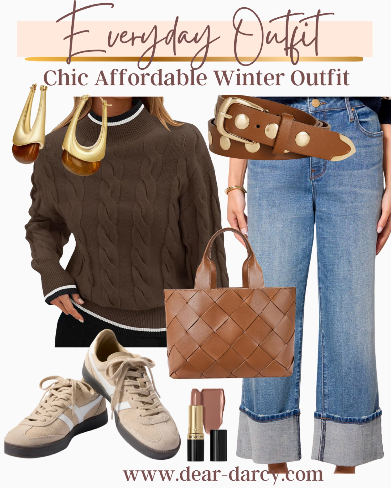 Everyday Outfit inspo for winter outfit ideas

Chocolate brown sweater with stitch detail  tts

Straight leg denim with large cuff

Studded belt 

Amazon find earrings 

Amazon find bag 

Goya tennis shoes in mocha 
Tts 

Mocha lipstick 

Great neutrals 



#LTKFindsUnder50 #LTKStyleTip #LTKOver40