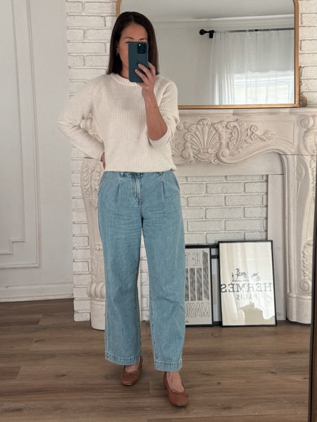 Spring Outfit
Madewell Petite Harlow Jean/I went down a size 
Jenni Kayne Fisherman sweater/medium/ivory 
M.Gemi Ballet Flats/TTS 

#LTKstyletip #LTKover40