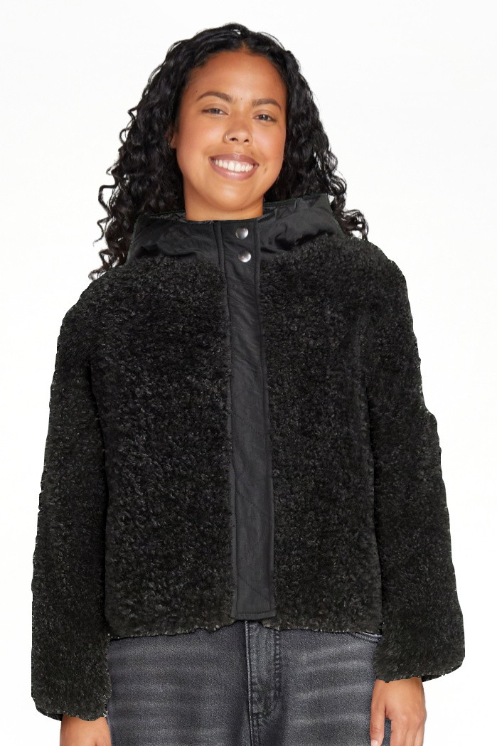 Scoop Women's Mixed Media Teddy Jacket with Hood, Midweight, Sizes XS-XXL | Walmart (US)