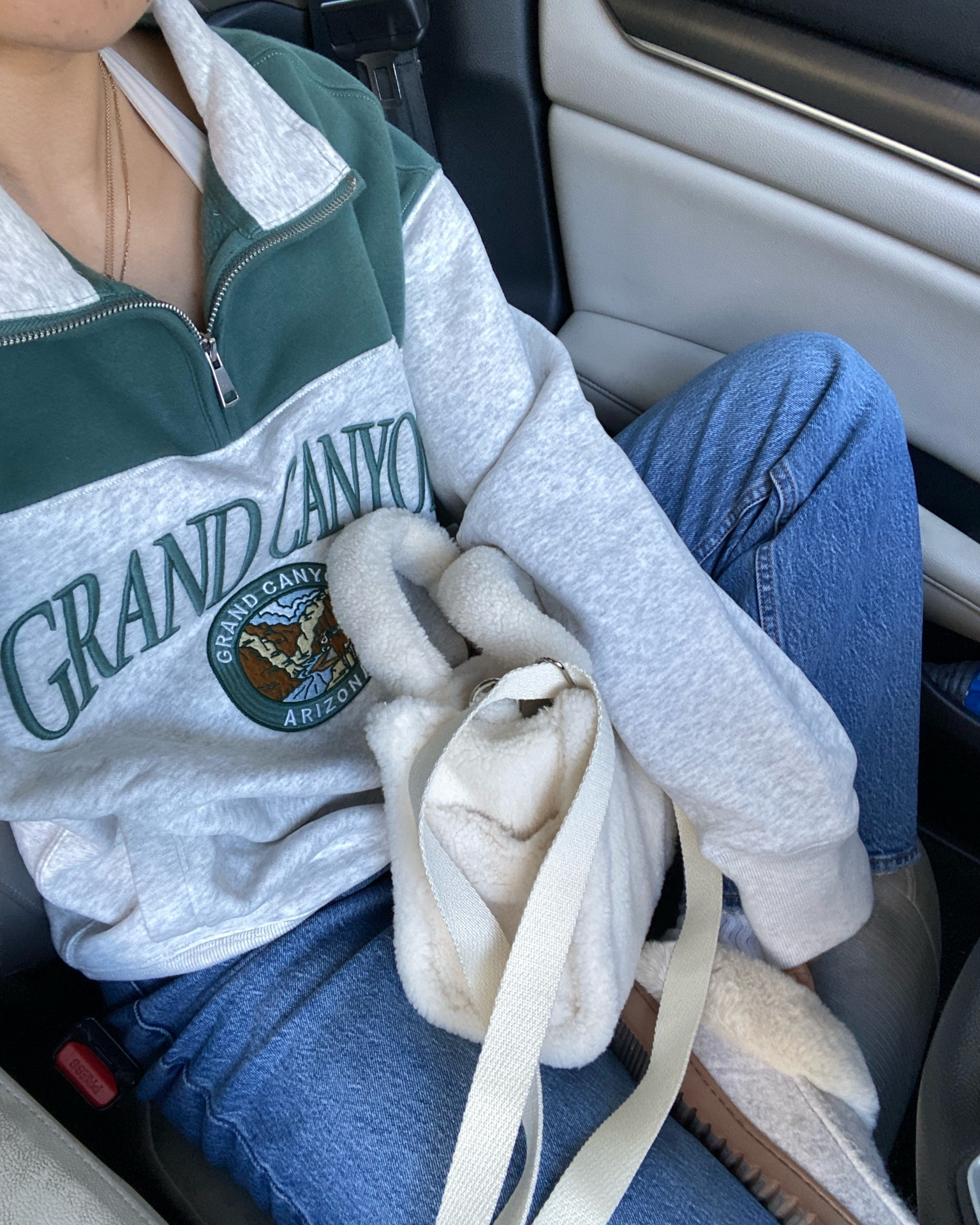comfy and cozy errand running fit 🧸☁️ 
wearing s in the sweater - sized up a size for a baggier fit, and 23 short in the jeans! I had to size down a size from my normal bc it’s low rise and was gaping