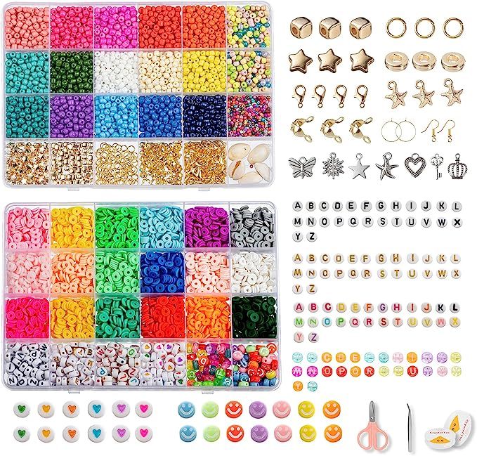 Beads for Bracelets Making Kit, Colorful Beads Set, 6mm Clay Beads 4mm Seed Beads 7mm Letter Bead... | Amazon (US)