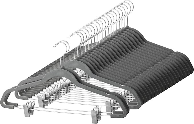 Zober Velvet Hangers with Clips - Pack of 20 Metal Clip Hangers for Pants - Notched Gray Velvet S... | Amazon (US)