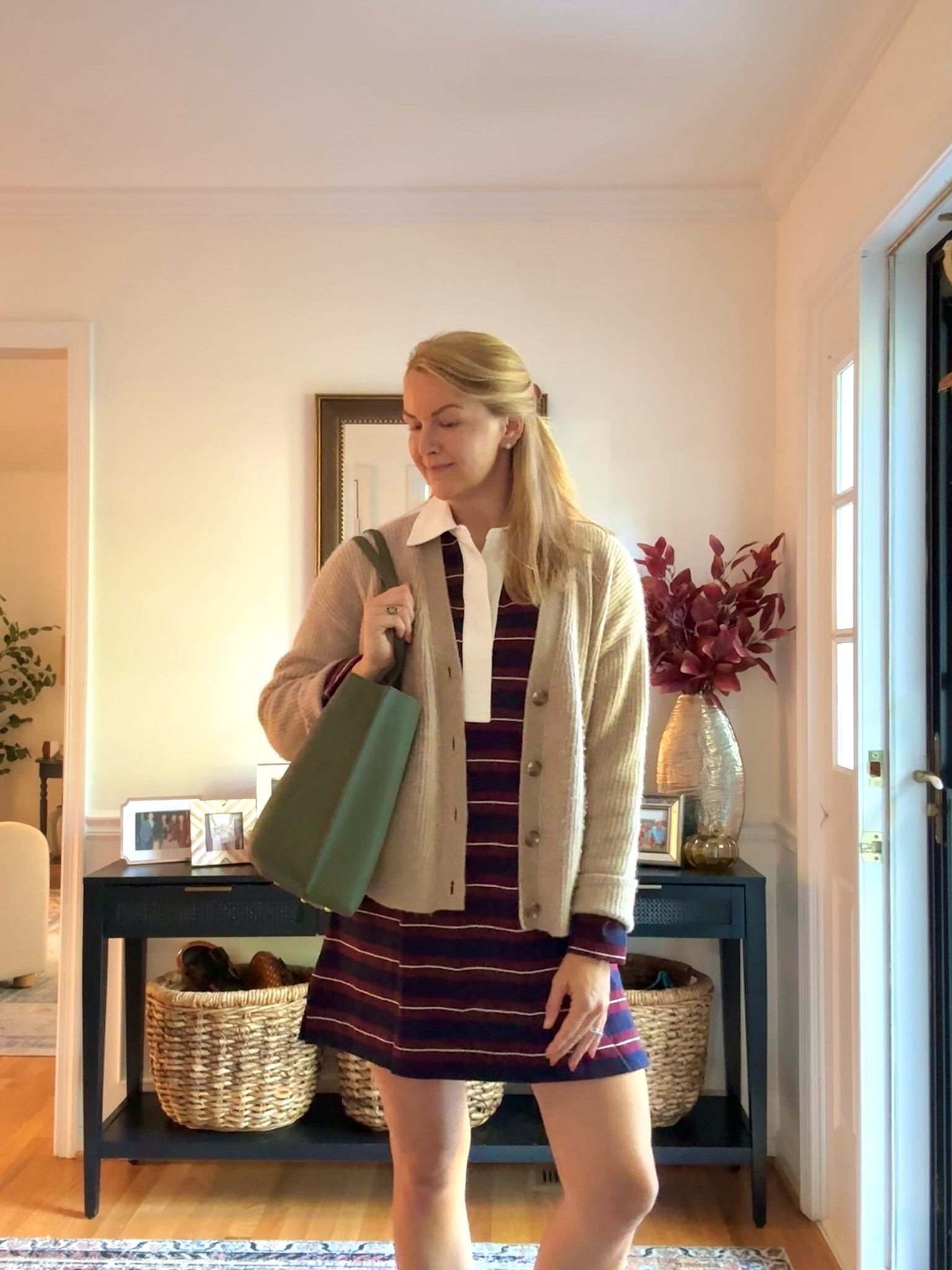 Rugby shirt dress, mini polo dress for casual fall work day, layered with neutral cardigan and green tote