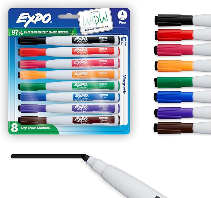 EXPO Magnetic Dry Erase Markers with Eraser Fine Tip, Assorted Colors, 8 Count - Classroom White ... | Amazon (US)