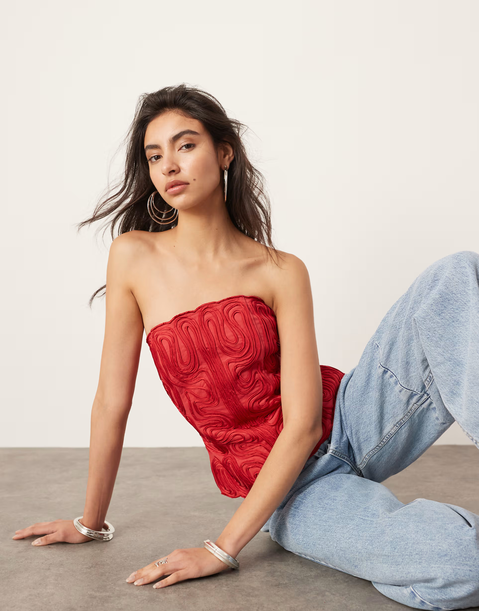 ASOS EDITION embroidered cornelli structured bandeau top in cherry red | ASOS (Global)