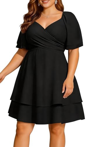 Pinup Fashion Women Plus Size Dresses for Wedding Guest Black Graduation Summer Wrap V Neck Casual Knee Length Ruffle A Line Dress | Amazon (US)