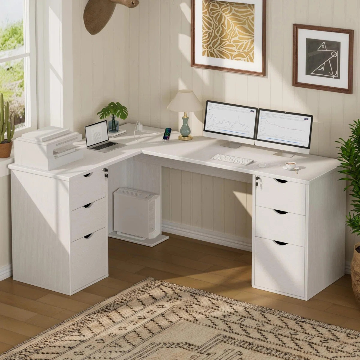 L-Shaped Executive Desk With Built-In Outlets, 66 Inch Office Desk With Drawers, White | Wayfair North America