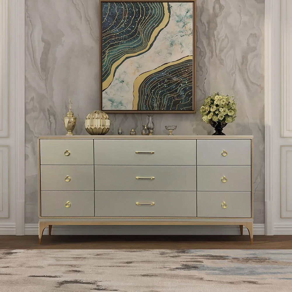 63"" Contemporary 9-Drawer Champagne Bedroom Dresser for Storage in Gold | Homary