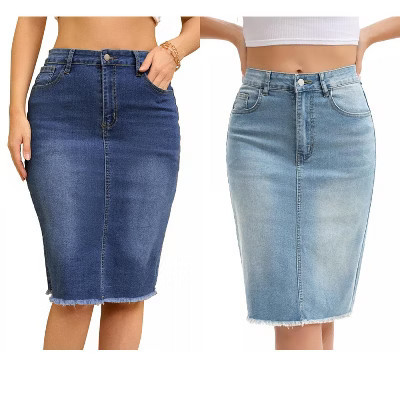 INSPIRE CHIC Women's Raw Hem High Waisted Pockets Stretch Knee Length Jean Denim Skirt 2 Packs Light Blue/Blue Medium | Target
