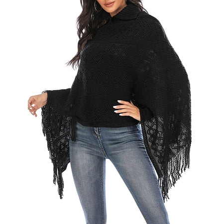 LELINTA Womens Ladies Cape Coat Knitted Fringe Poncho Oblique Coat Bohemian Shawl Scarf Tassel Irreg | Walmart (US)