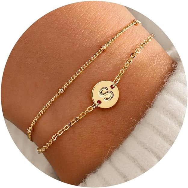 MONOZO Gold Bracelets for Women Girls Jewelry Gifts - Dainty 18K Gold Plated Disc Monogram Letter... | Amazon (US)
