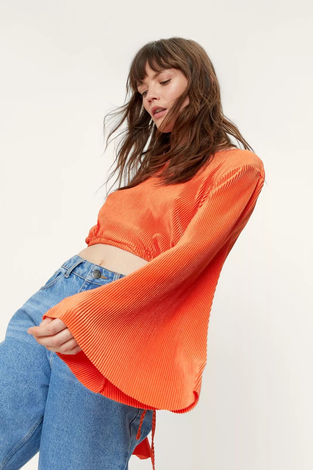 Tie Side Plisse Bell Sleeve Cropped Blouse | Nasty Gal (US)