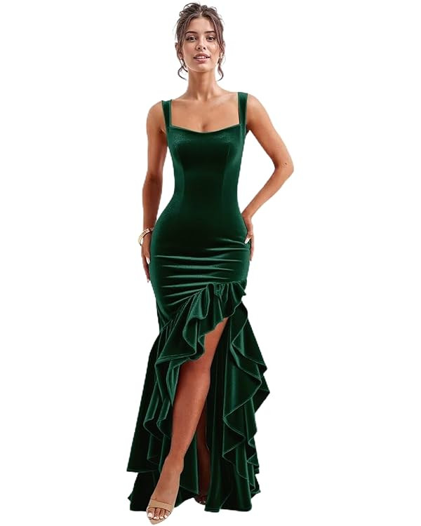 RSOETOO Spaghetti Straps Bridesmaid Dresses 2026 for Women Square Neck Velvet Wedding Guest Forma... | Amazon (US)