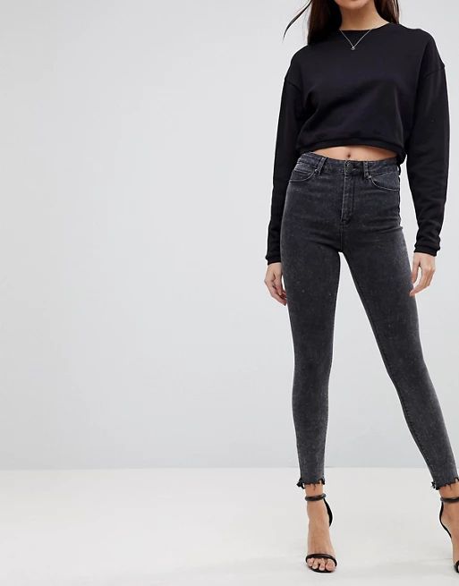 ASOS RIDLEY High Waist Skinny Jeans In Mottled Black with Raw Hem | ASOS US