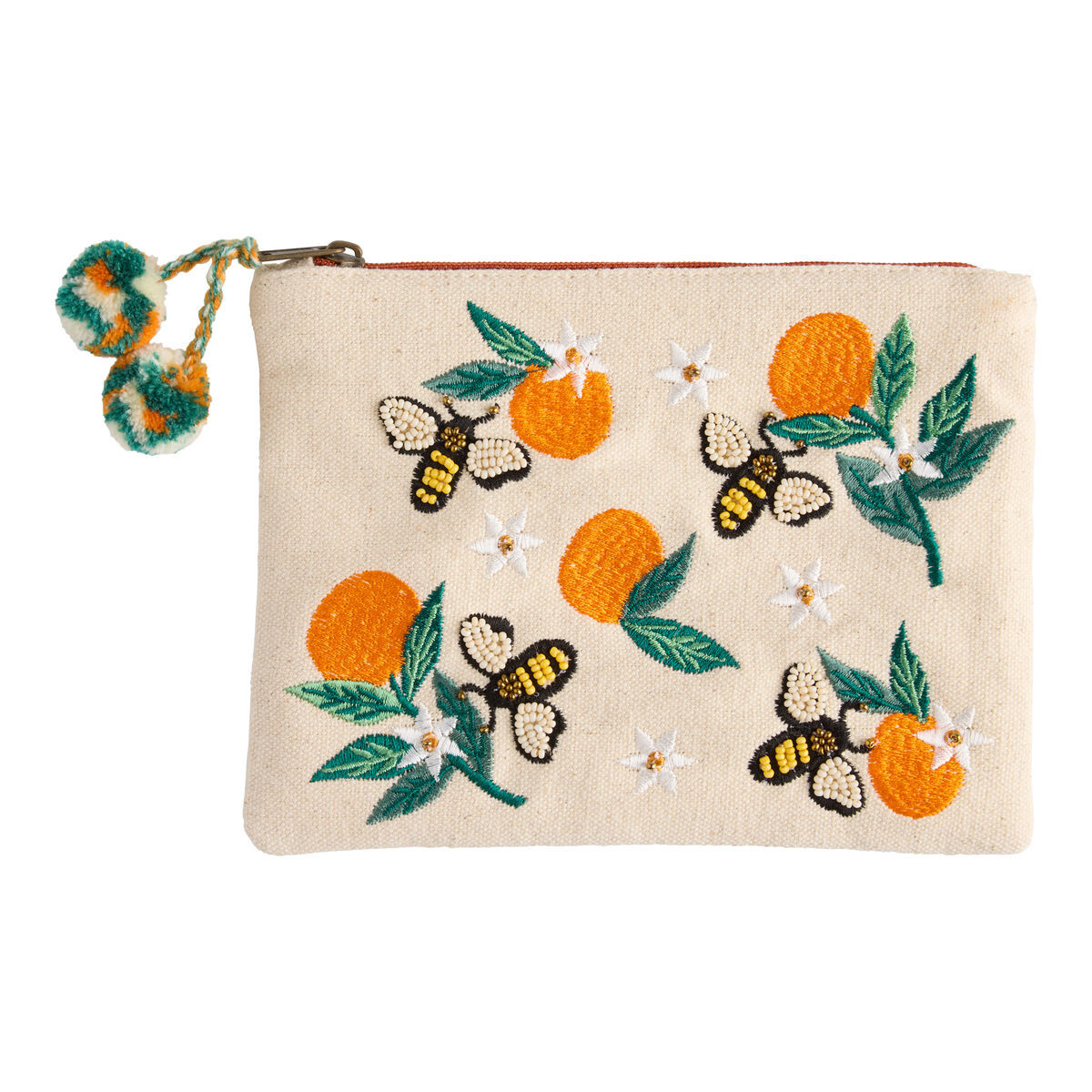 Cotton Canvas Oranges and Bees Embroidered Beaded Zip Pouch by World Market | World Market