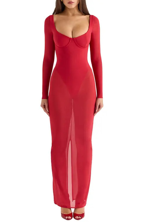 HOUSE OF CB Everly Corset Long Sleeve Gown in Hauted Red at Nordstrom, Size Medium D | Nordstrom