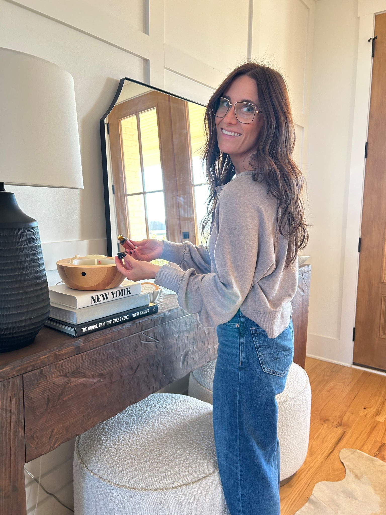 Entryway, boucle, mom outfit, wide leg jeans 

#LTKootd #LTKHome #LTKmomlife