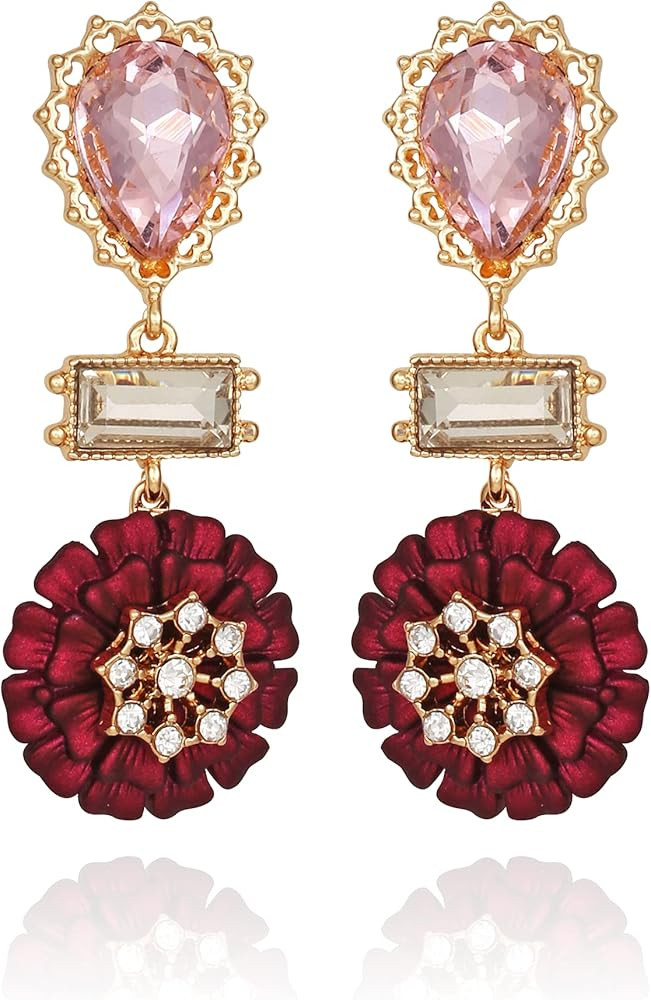 Floral Statement Drop Earring with Light Pink Glass Stone | Amazon (US)