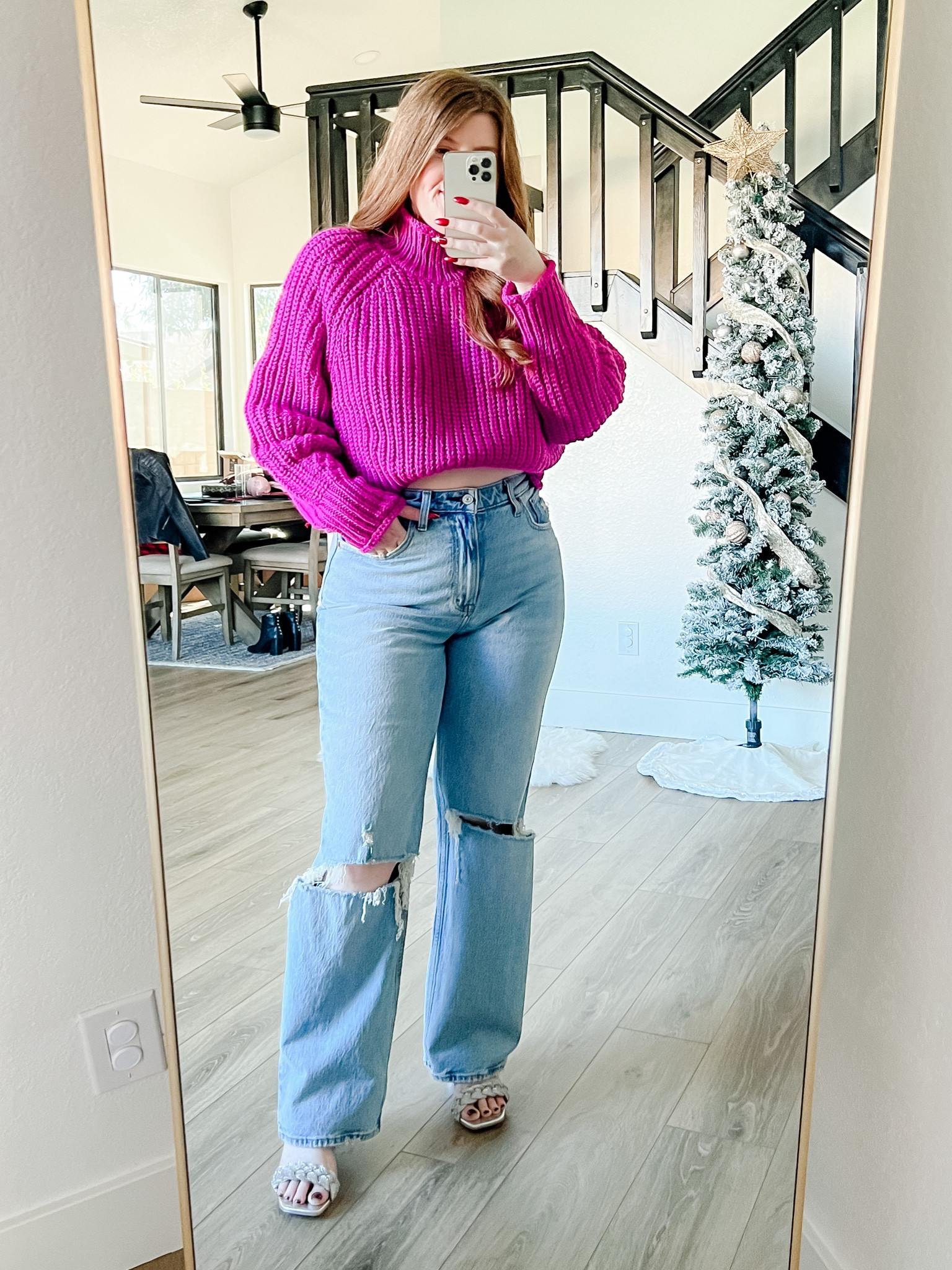 Winter outfit. Loving this pink sweater from H&M wearing size medium. Knit sweater. Abercrombie jeans. 

#LTKunder50 #LTKstyletip #LTKSeasonal