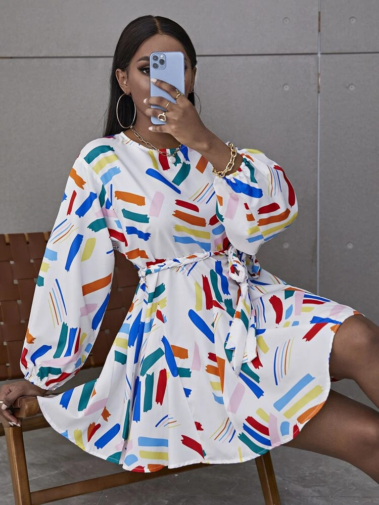 Glamaker Brush Print Lantern Sleeve Belted Dress | SHEIN